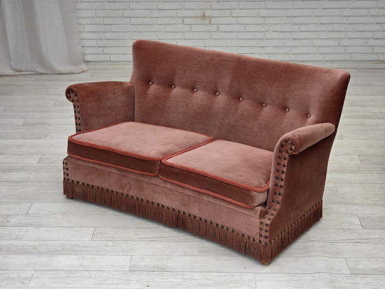 Image 1 of 1970s, Danish 2-seater sofa, original salmon pink furniture velour, beech wood.
