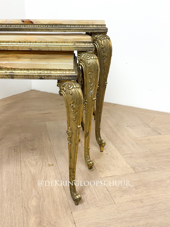 Image 1 of Vintage marble onyx brass nesting box, three side tables