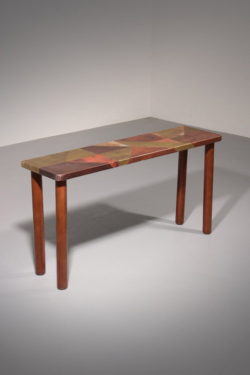 Lorenzo Burchiellaro, table d'appoint, cuivre et hêtre teinté, Italie, années 1960.