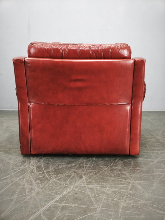 Jaren 70 Deense Moderne Rode Leren Lounge Fauteuil, Scandinavisch Design, Leer, Rood, Vintage (foto 4 van 15)