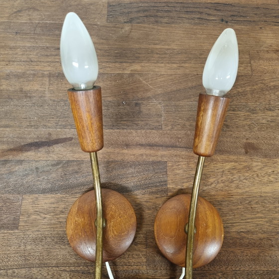 Image 1 of Two mid-century teak wall lamps, without shade