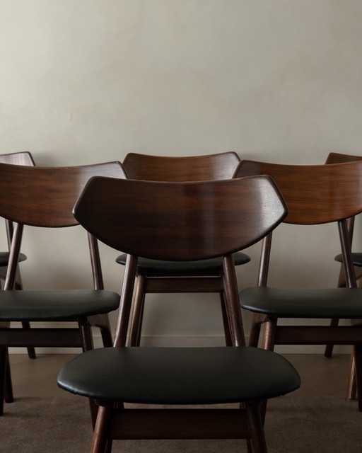 Vintage Dining Chairs by Louis van Teeffelen for AWA (Set of 6) | Reupholstered in Black Skai | Dutch Mid-Century | 1960s