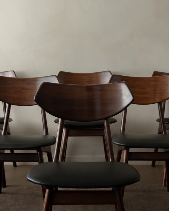 Image 1 of Vintage Dining Chairs by Louis van Teeffelen for AWA (Set of 6) | Reupholstered in Black Skai | Dutch Mid-Century | 1960s