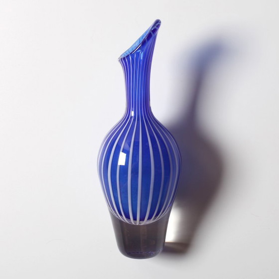 Image 1 of Mid-Century Orrefors Art Glass Vase: Blue & White Stripes, Jan Johansson, Sweden