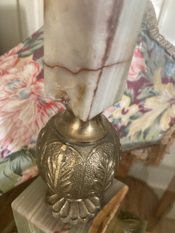 Image 1 of Schöne Vintage Tischlampe, Sammlerstück-grüner Onyx Marmor/Messing Fuß, schöner originele Schirm