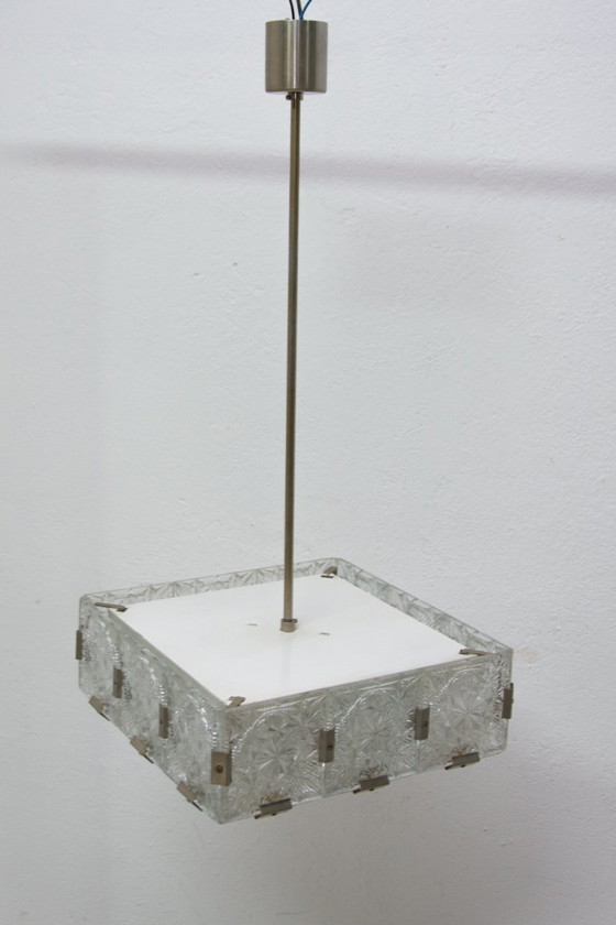 Image 1 of Mid Century Pendant Lamp Glass & Chromed Steel Kamenický Šenov 1970s Czechoslovakia