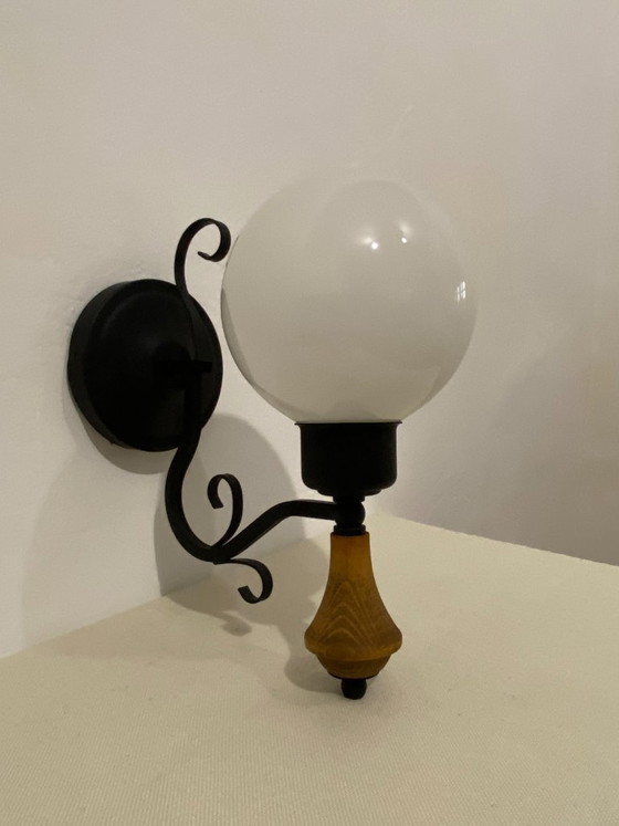 Vintage Opal Glass Globe Wall Lamp with Wood Detail, 1970s, Wall lights, Metal, Black (photo 2 of 16)