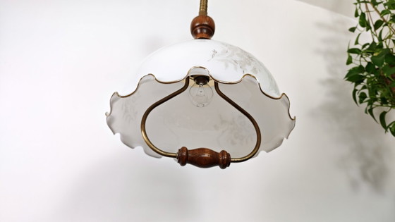 Image 1 of Vintage 1970s Opaline Glass Pendant Light / Mid Century Modern Ceiling Lamp / Scalloped Floral Shade with Wood Brass / 