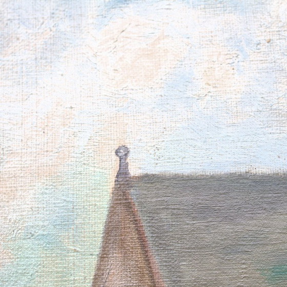 Image 1 of Vintage olieverfschilderij op canvas, gesigneerd, kerk, Europese vondst, landelijk stilleven, gedateerd 1950, wanddecoratie