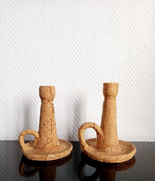 2 candelabros vintage de corcho y terracota.