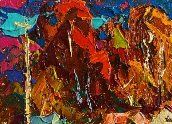 Image 1 of Original Oil Painting Evening Field Landscape Crimson autumn in the village