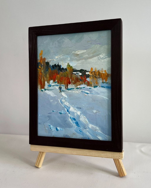 Original Oil Painting Winter Forest Landscape Walking in the winter forest