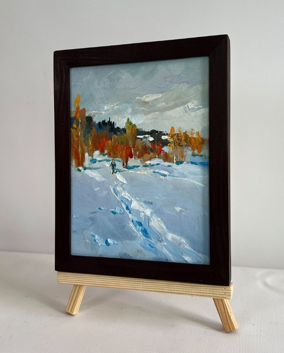 Image 1 of Original Oil Painting Winter Forest Landscape Walking in the winter forest