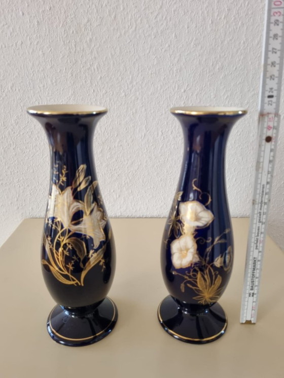 Image 1 of Vasi in porcellana di Limburgo (2x) – blu cobalto con fiori dorati – vintage, realizzati in Germania