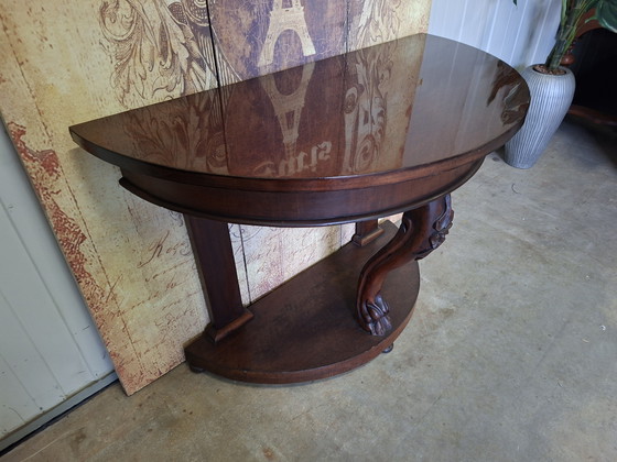 Image 1 of Table d'appoint demi-lune en acajou ancien, console murale, dimensions 90x50cm et 71cm de hauteur.