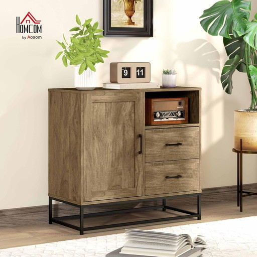 HOMCOM Buffet Salon Meuble de Rangement Style Moderne avec 2 tiroirs, Compartiment Ouvert et étagère réglable - Buffet Salle à M