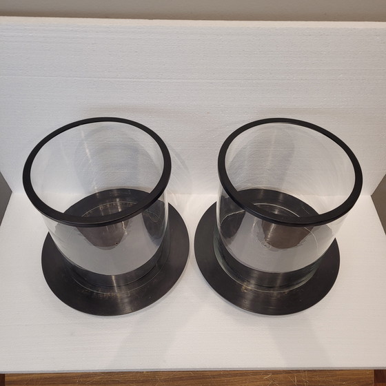 Image 1 of Paar Kerzenhalter, Photophoren, Kerzenständer, Glas und Metall, 90er Jahre – Frankreich