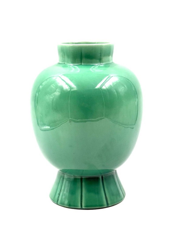 Image 1 of Paul Millet, Art Deco vaas van groen keramiek, Sevres Frankrijk jaren 1930