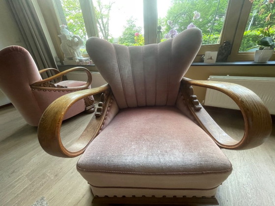 Image 1 of Set van 4 Art Deco fauteuils (ca. 1920-1950) | Opnieuw bekleed met roze fluweel