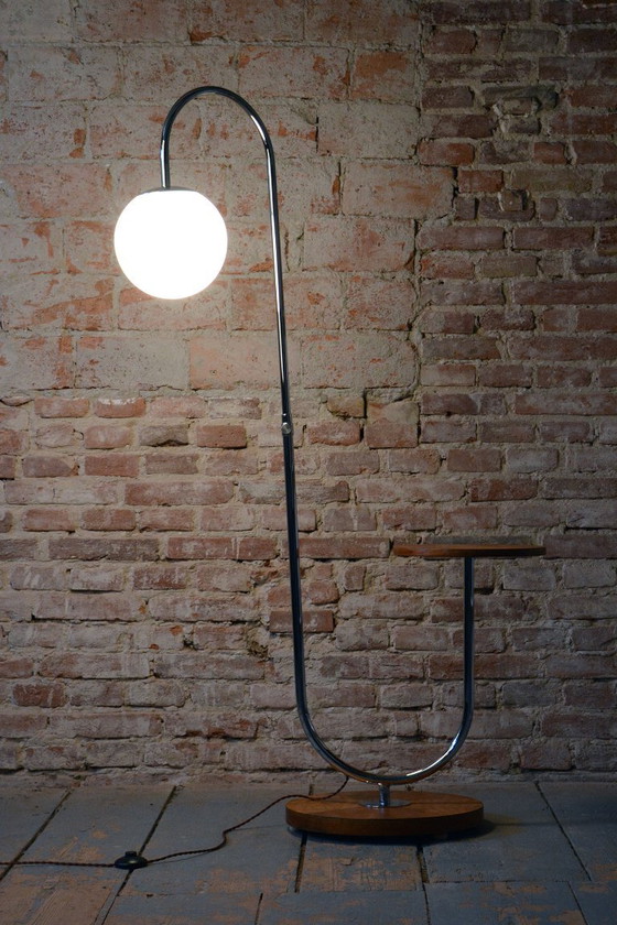 Restored Bauhaus Floor Lamp, by R. Slezák, Oak, Chrome, Czech, 1920s, Floor lights, Glass, Wood, Brown (photo 9 of 11)
