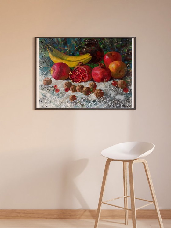 Original Oil Painting Abstract Fruits Banana Pomegranate Still Life – Paintings & Drawings, Canvas (photo 3 of 11)