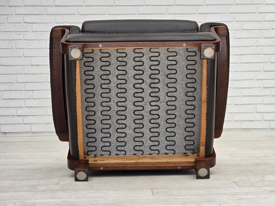 Image 1 of 1970er Jahre Skandinavischer Sessel, Braunes Möbelleder, Teakholzbeine