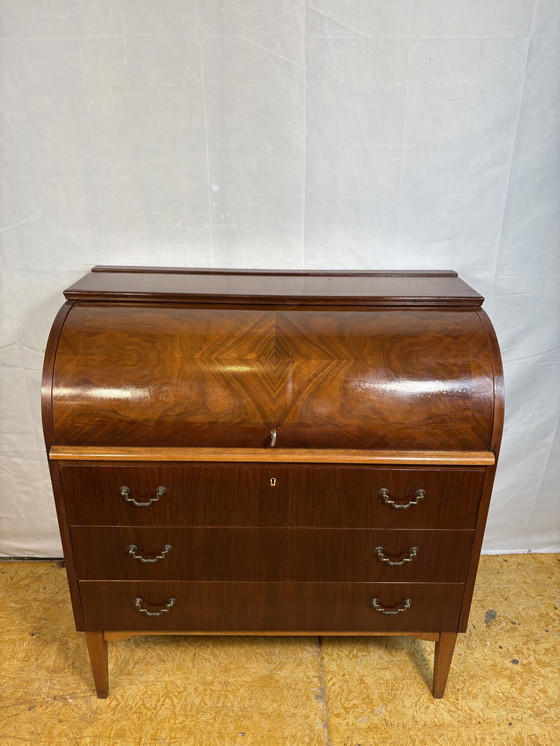 Image 1 of Mid-Century Swedish Teak (or Walnut) Roll-Top Bureau by Egon Østergaard for AB Bröderna Gustafssons 1960  Bring a timeless Scand