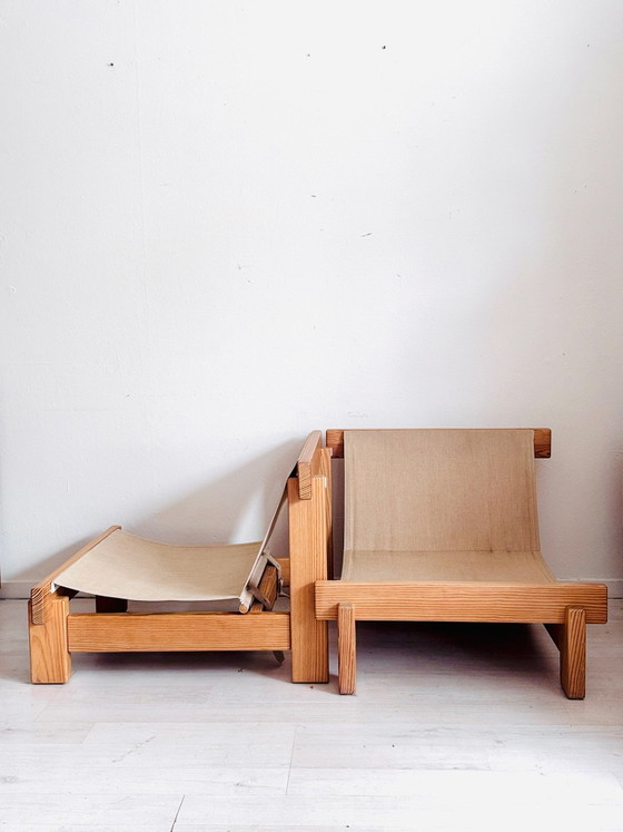 Vintage brutalist fauteuils sling chairs jaren 70, Canvas, Hout, Beige (foto 4 van 7)