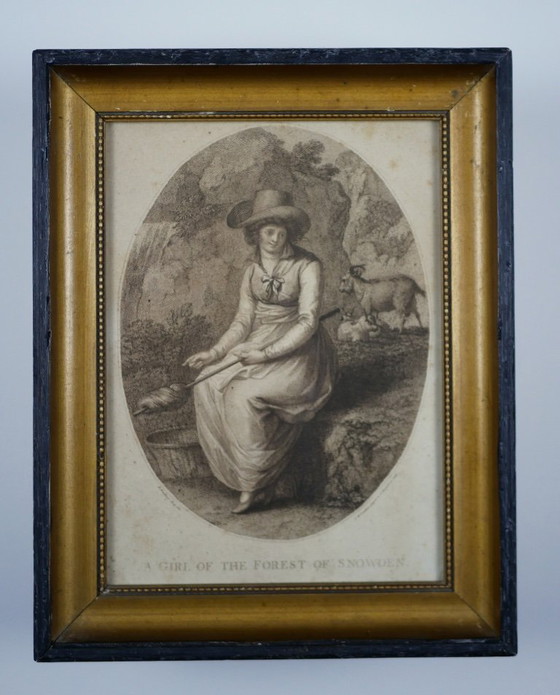 Image 1 of A Girl of the Forest of Snowden - Antique small framed English engraving