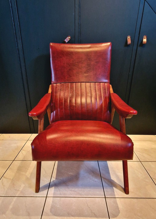 Vintage burgundy and wood armchair