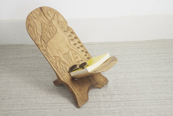 Carved African Hardwood Palaver Chair Low Collapsible Chair Folk Art Deer Carving Vintage Rustic Wooden (photo 12 of 12)