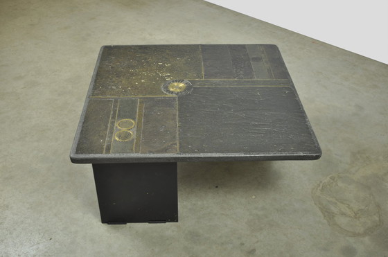 Image 1 of Table d'appoint vintage en pierre naturelle avec incrustation de BRONZE, Pays-Bas 1970