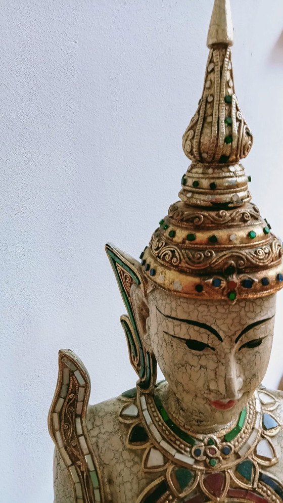 Image 1 of Beelden Set 2 knielende Tepannom tempel poortwachters aardetinten met goud handmatig gesneden 