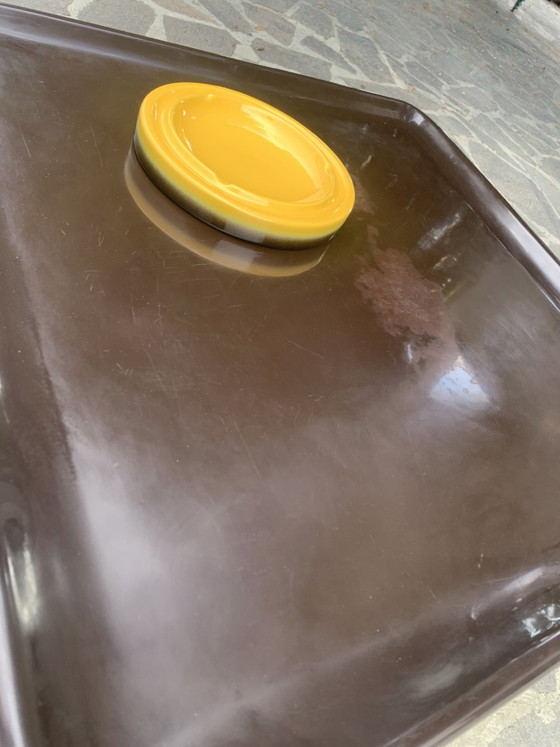 Image 1 of Large Vintage 1970s Round Ashtray, Ø 22 cm - Fat Lava Ceramic, Mustard Yellow and Brown - WGP
