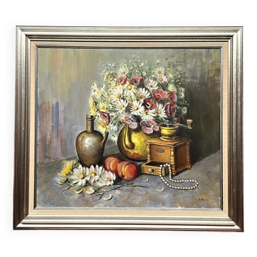Stilleven met bloemen en parels, gesigneerd. – schilderijen tekeningen, Canvas