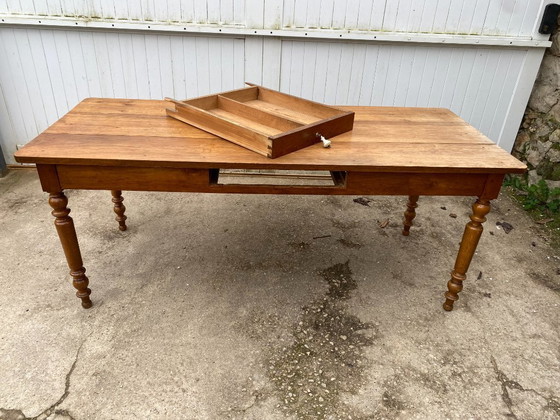 Image 1 of Sam solid oak farmhouse dining table with 1 drawer, circa 1950, 180x74cm