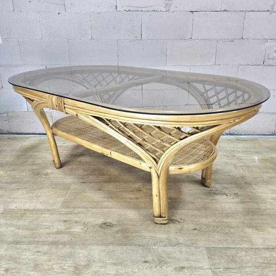 Table Basse Vintage en Rotin avec Plateau en Verre (années 70) Table d'Appoint Bohème / Coffeetable (photo 3 of 15)