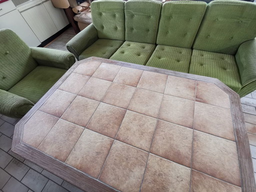 Mid-century style 4-seater sofa with matching upholstered armchair, 1960s/70s