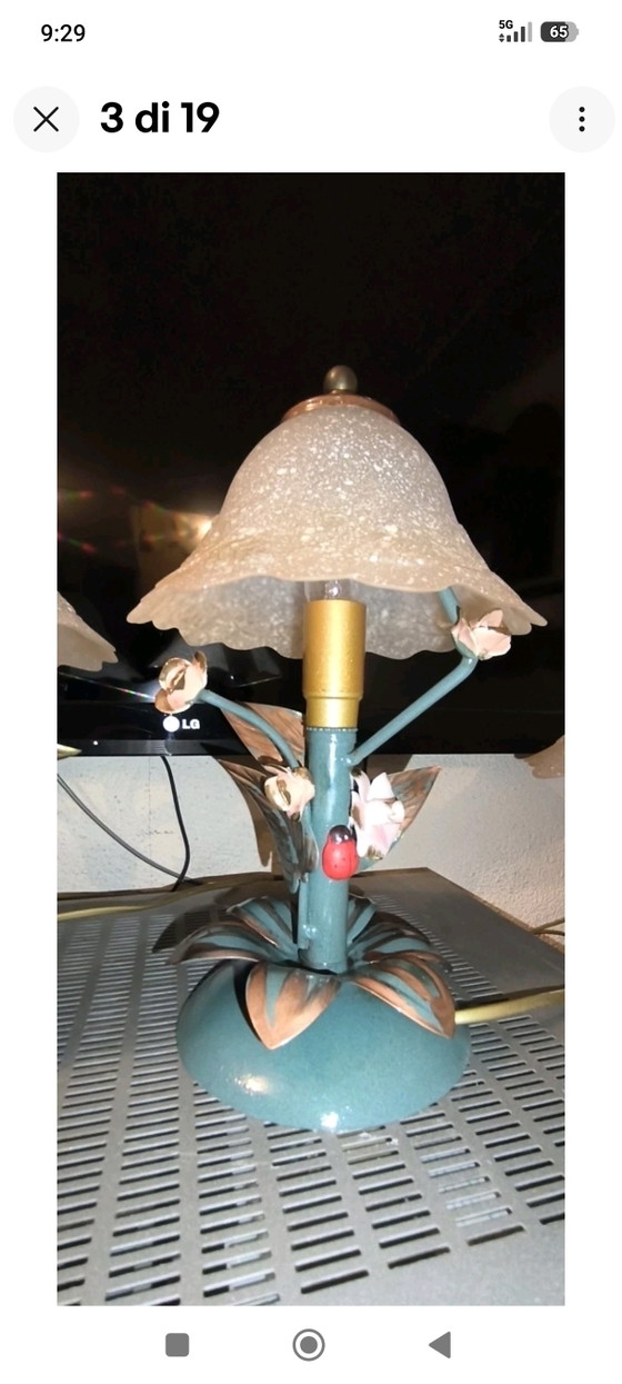 Pair of Vintage Fe Battuto Master Blacksmith Table Lamps H.28 L. – Glass, Iron (photo 3 of 15)