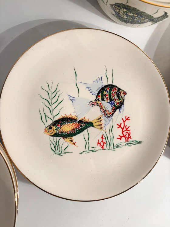 Servizio da tavola bavarese in ceramica degli anni '80 composto da sei piatti e zuppiera per pesce. (photo 9 of 14)