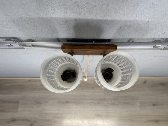 Image 1 of Lampada da parete vintage con tubi di vetro e piastra posteriore in legno