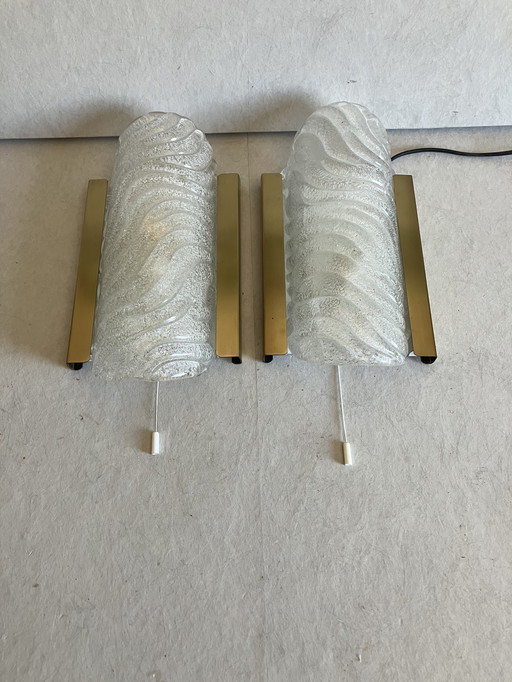 Fischer Leuchten Vintage Ice Glas und Messing Wandleuchten Set