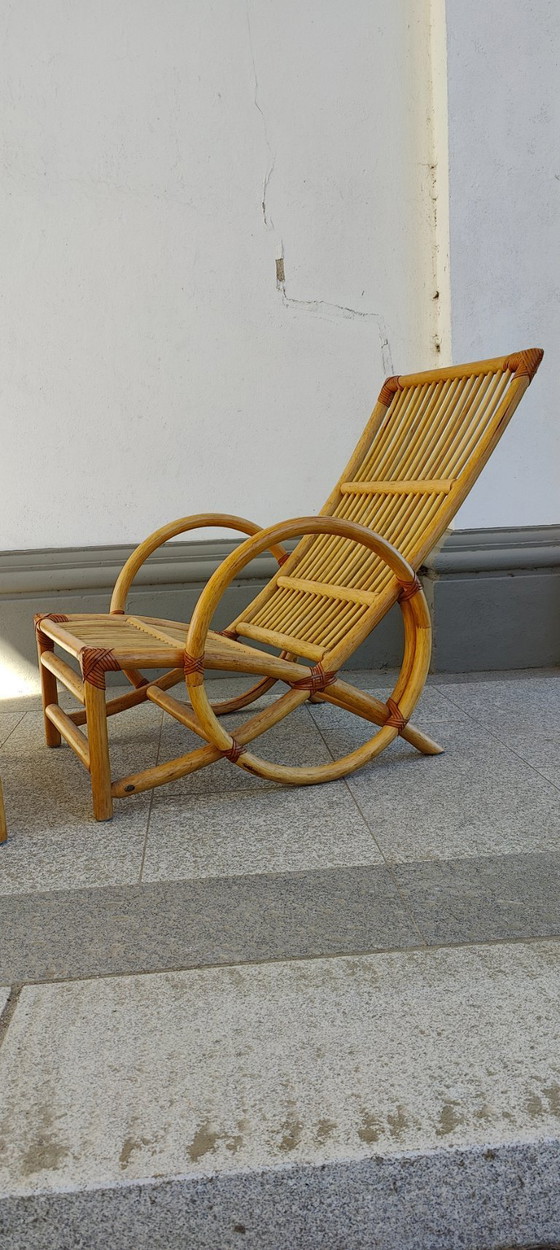 Image 1 of Ensemble chaise longue et pouf en rotin, années 1980