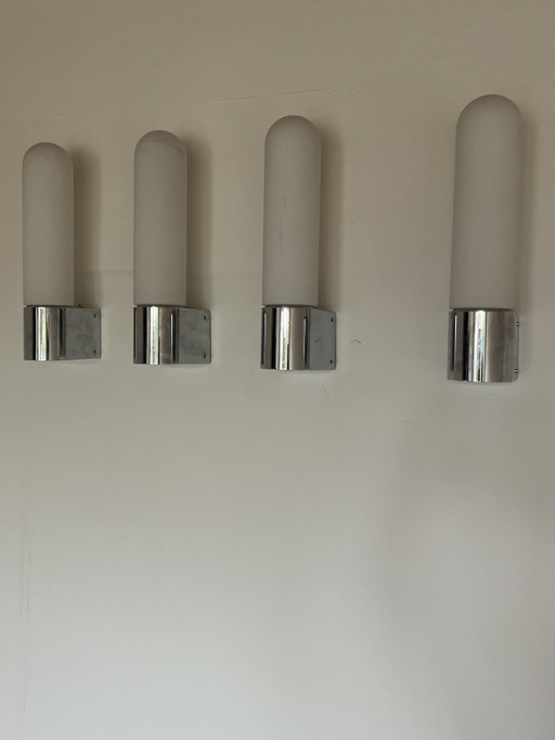 4x Original "Glashütte Limburg 1970s" wall light opal glass chrome Germany!!