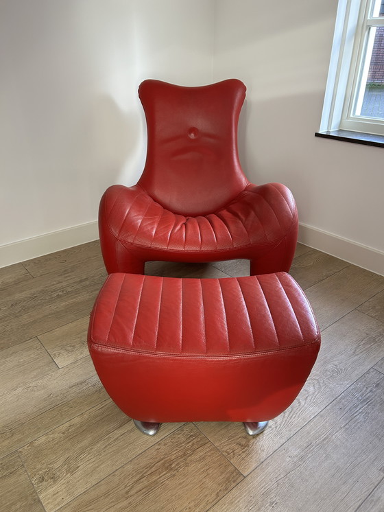 Image 1 of Leolux Balou Armchair Red Leather + Hocker