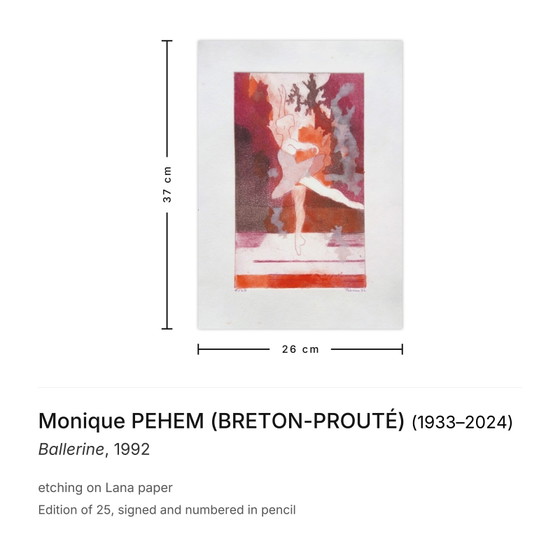 Monique PEHEM (BRETON-PROUTÉ) Signed Etching Ballerine 1992 – Lithographs & prints, Paper (photo 3 of 5)