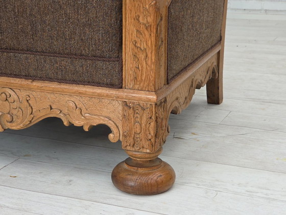 Image 1 of Années 1950, fauteuil danois, meuble en laine, bois de chêne massif sculpté.