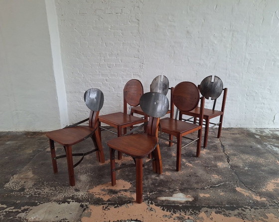 Image 1 of Set di 6 sedie da pranzo brutaliste in teak e acciaio di metà secolo, anni '60