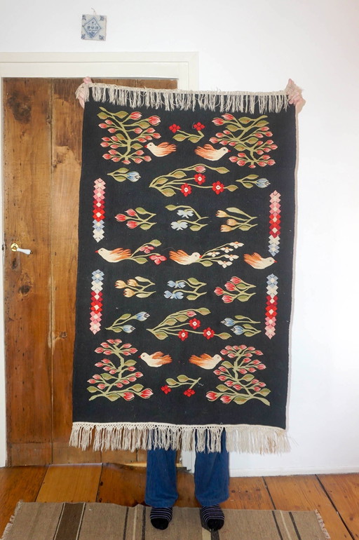 Vintage Oltenian Handwoven Bessarabian Kilim Rug with Birds, Tulips, and Flowers - Romanian Floral Woolen Wall Tapestry