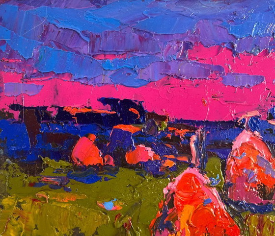 Image 1 of Original Oil Painting Sunset Field Landscape Evening silence in the field